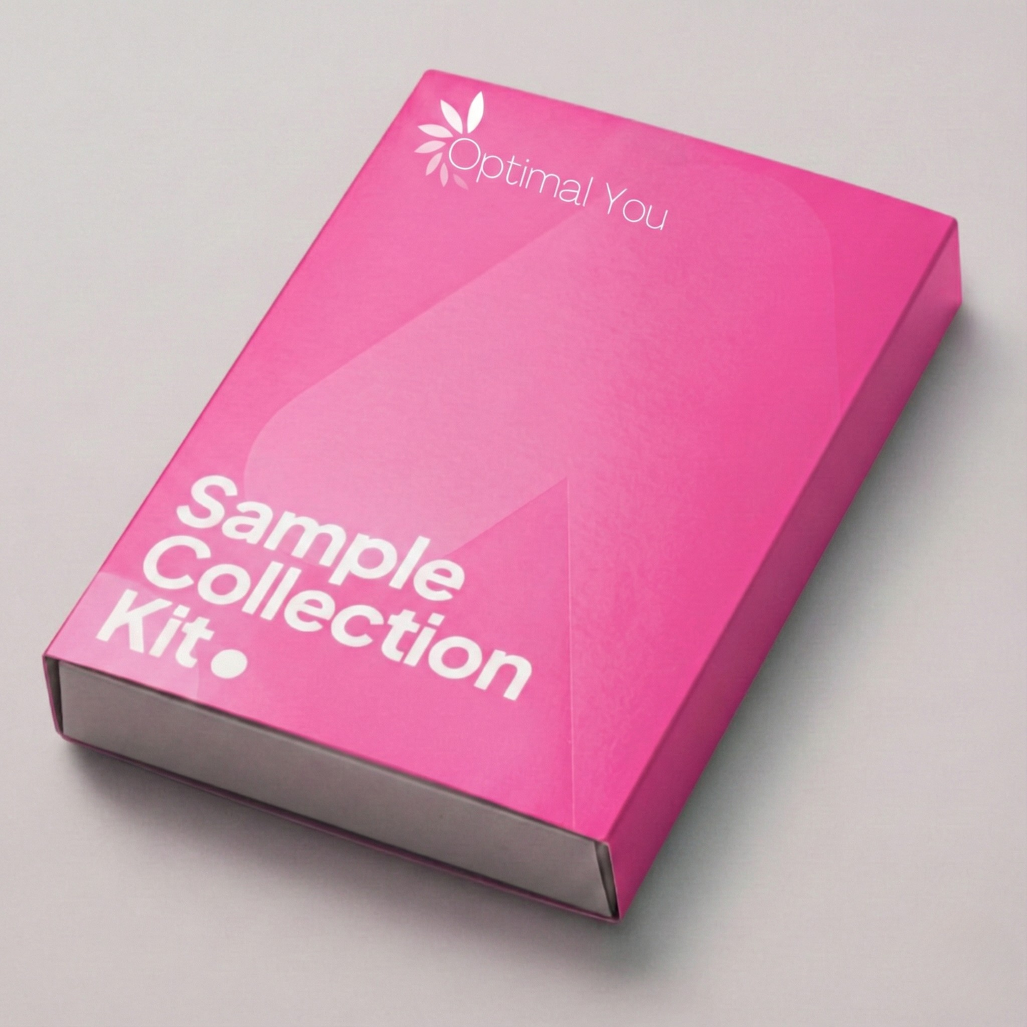 Pink 'Sample Collection Kit' box with 'Optimal You' branding on a gray background