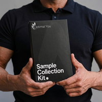 Person holding a 'Sample Collection Kit' from Optimal You against a neutral background