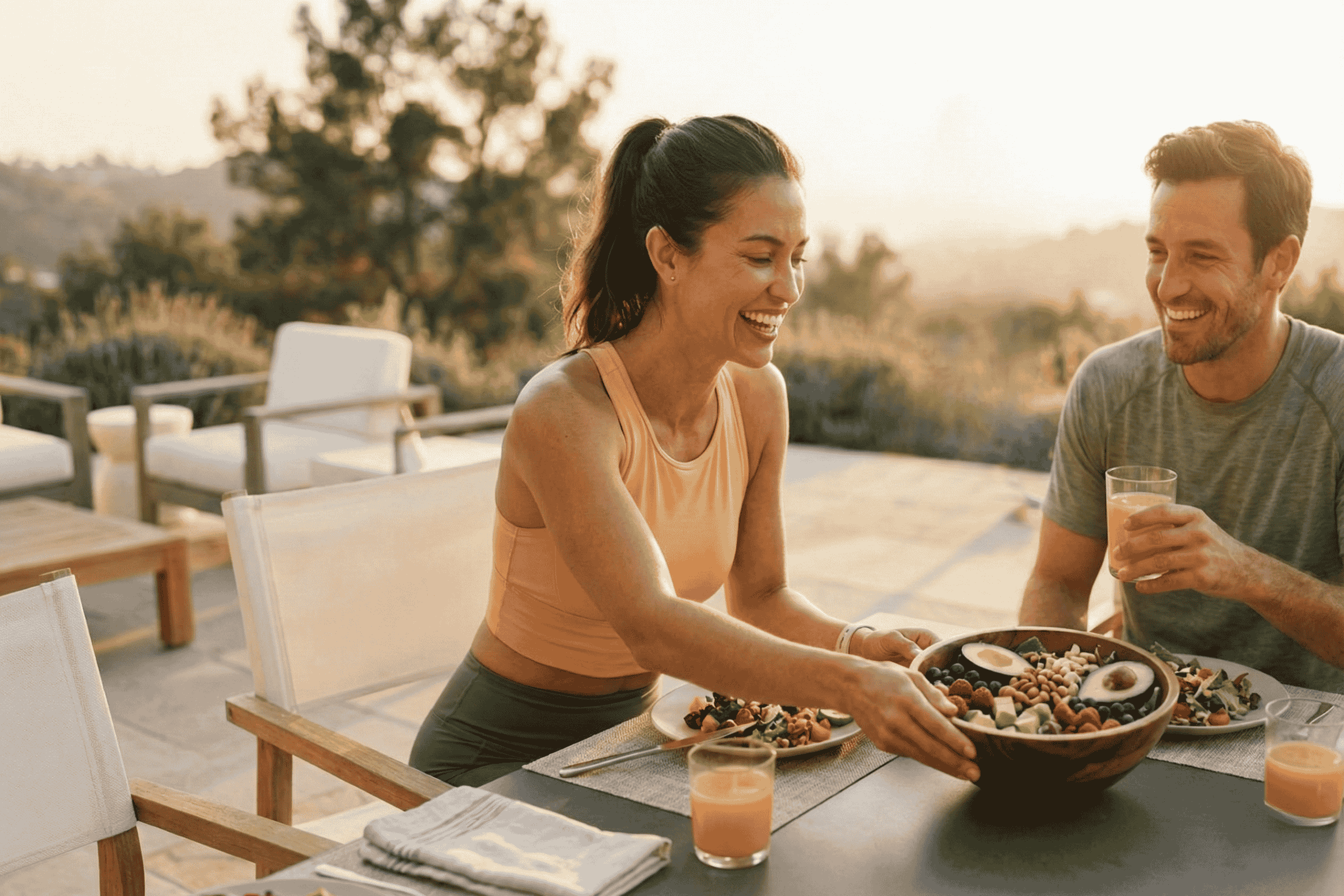 two healthy people eating lunch