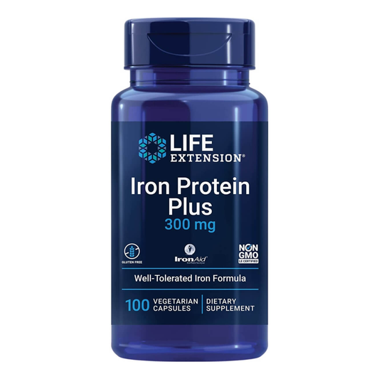Life Extension Iron Protein Plus supplement bottle on a white background