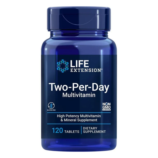 Blue bottle of Life Extension Two-Per-Day Multivitamin on a white background