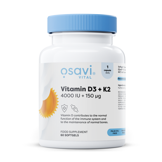 Osavi Vitamin D3 + K2 softgels supplement bottle on a white background