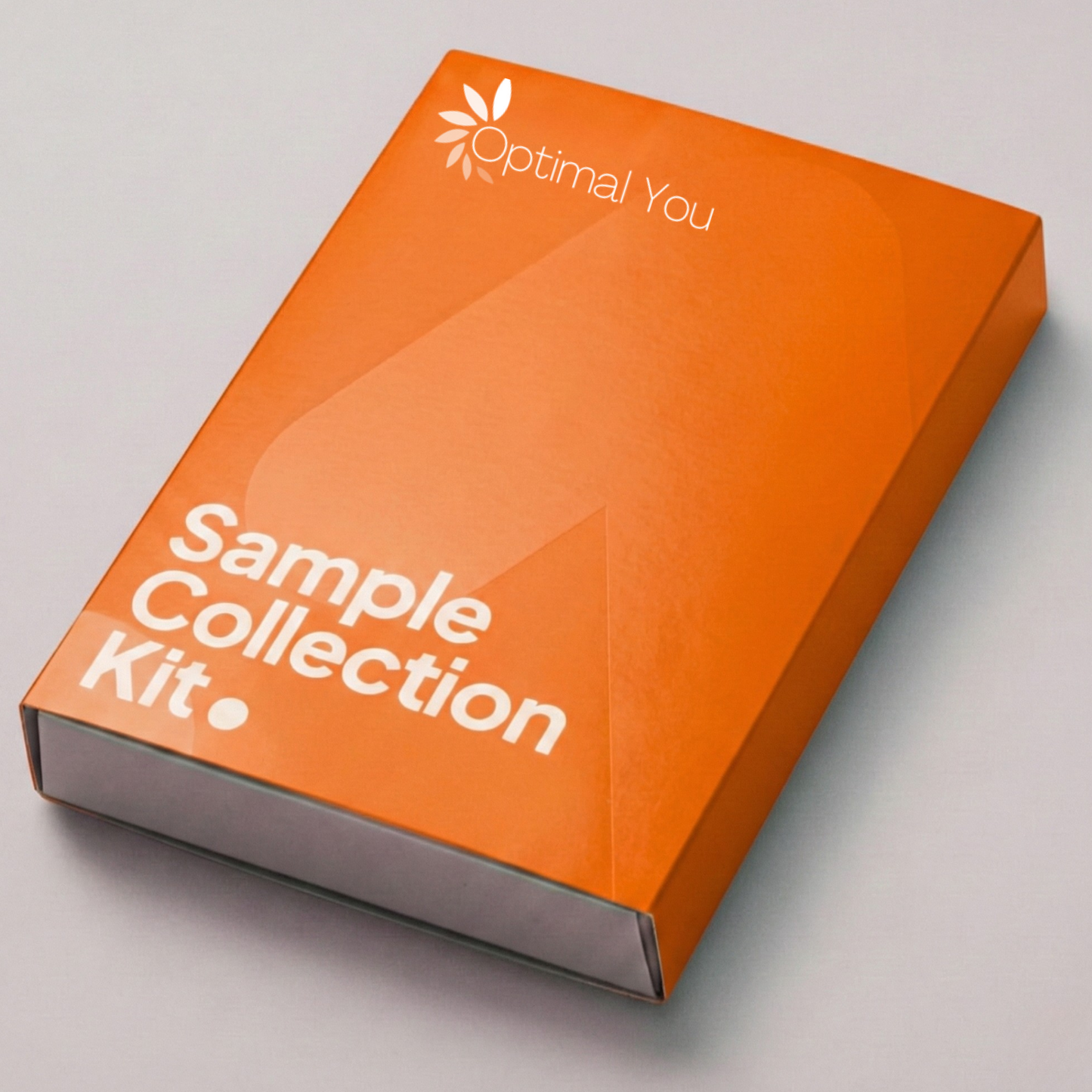 Orange box labeled 'Sample Collection Kit' with 'Optimal You' branding on a grey background