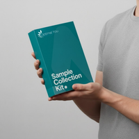 Person holding a teal 'Sample Collection Kit' from Optimal You against a light gray background