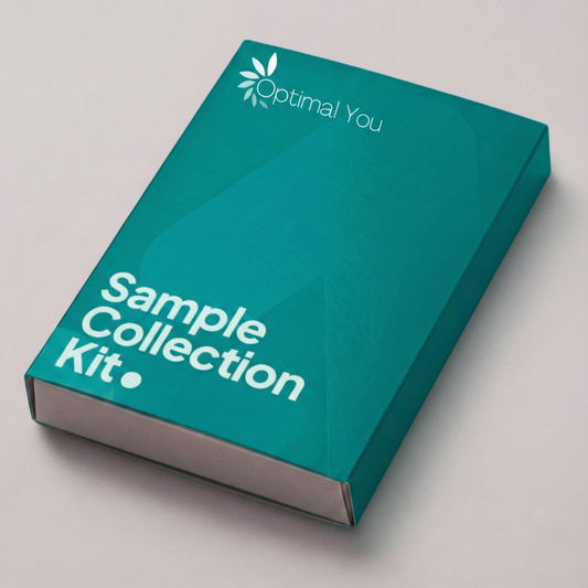 Teal box labeled 'Sample Collection Kit' with 'Optimal You' branding on a light gray background