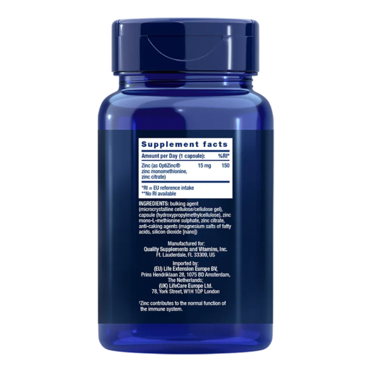 Blue supplement bottle with label on a white background