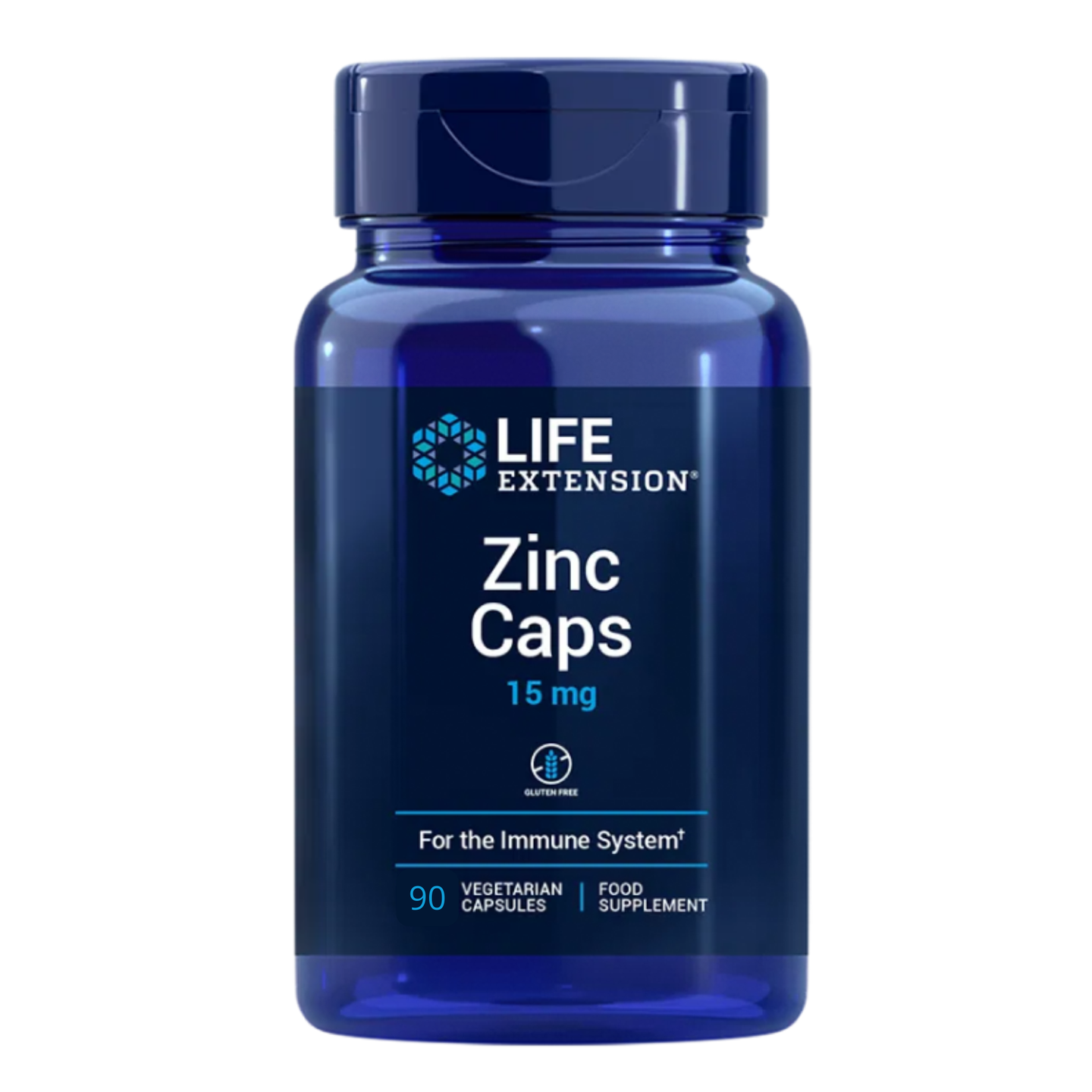Blue bottle of Life Extension Zinc Caps on a white background